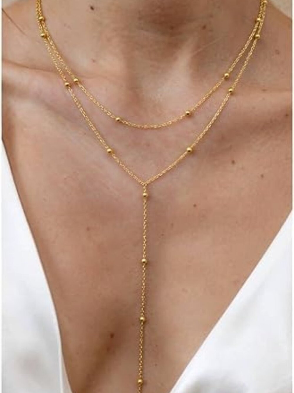 18K Gold/Silver Lariat Necklace – Long Y-Shaped Layered Drop Pendant Deep V Jewe